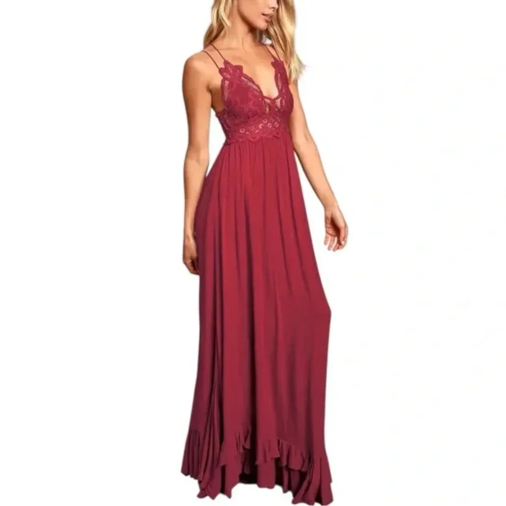 Free People FP ONE Deep Red Lace Adella Maxi Dress - Picture 9 of 9